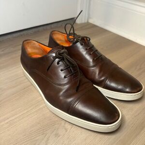 Mens 9 Santoni Durbin Bund Cap Toe Oxford Brown Italian Leather Lace Up 2490